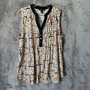 Sleeveless Printed V-Neck Top with Contrast Trim - Black/White/Orange